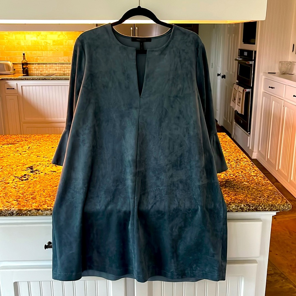 BCBG MAXAZRIA blue faux suede a-line dress. Size Large